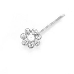 Elegant silver flower hair clip with white pearl and sparkling rhinestones for women