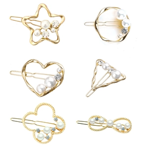 Elegant Geometric Gold Alloy Hair Clip With Faux Artificial Pearl Rhinestone Minimalist Heart Triangle Star Circle Side Clip For Women