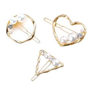 Three-piece gold pearl hair clip set with heart circle and triangle geometric shapes