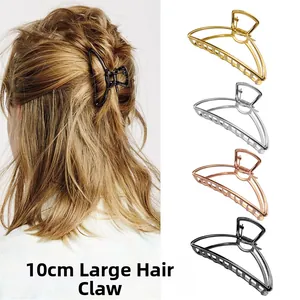 Detail view of 10cm large matte metal hair claw clips showing four colors and model use