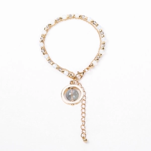 Multilayer gold beaded bracelet with natural pearls and cat eye stone pendant decoration