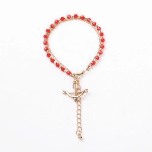 Double-layer handmade beaded bracelet with red crystal beads and golden arrow charm