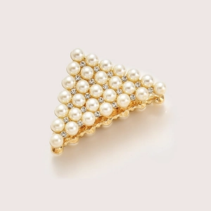 Elegant gold triangle hair claw clip with pavé rhinestones and white faux pearls