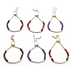 Detailed set of 6 adjustable beaded chain bracelets in gold and silver metal finishes