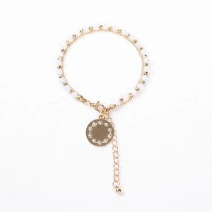 Handmade multilayer beaded crystal bracelet with polished gold-tone diamond circle pendant