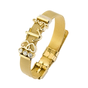 Bracelet élégant à mailles dorées avec breloque Love et double cœur serti de diamants