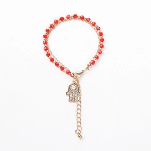 Hamsa Hand layered bracelet with red beaded crystals and gold chain jewelry for women