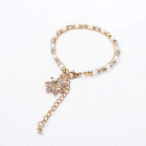 Handmade double-layer beaded bracelet with gold flower diamond pendant and adjustable chain