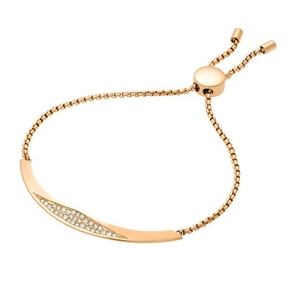 Close-up of rose gold bolo bracelet with micro-paved sparkling crystals on a minimalist bar