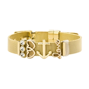 Golden mesh charm bracelet featuring heart, anchor, and Love pendants with rhinestones