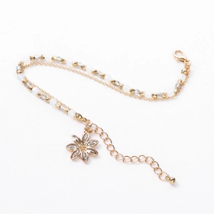 Double-layer handmade beaded bracelet with crystal flower pendant and gold extension chain