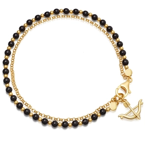 Double-layer handmade beaded bracelet with golden arrow charm and black crystal beads