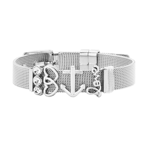Silver mesh bracelet with love heart and anchor charms in polished stainless steel