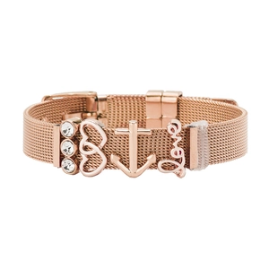 Rose gold mesh bracelet featuring heart charms, anchor pendant, and Love lettering slider