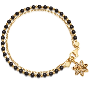 Double-layer handmade beaded bracelet with black crystals and a sparkling flower pendant