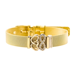 Golden mesh strap bracelet featuring infinity symbol and interlocking hearts design