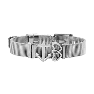 Bracelet en maille milanaise argentée avec breloques ancre et cœurs entrelacés à boucle