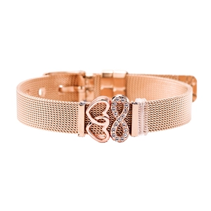 Rose gold mesh band bracelet featuring heart charms and crystal infinity symbol