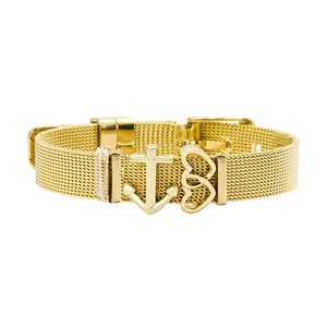 Bracelet à maille dorée avec pendentifs ancre et cœurs entrelacés et boucle réglable