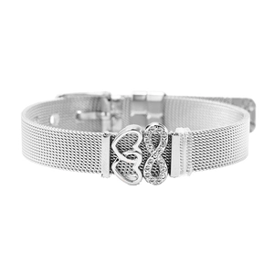 Silver stainless steel mesh bracelet with heart and infinity symbol diamond charms