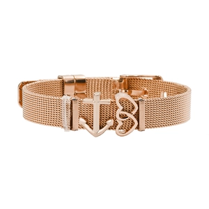 Bracelet en maille or rose style montre avec pendentifs ancre et cœurs entrelacés