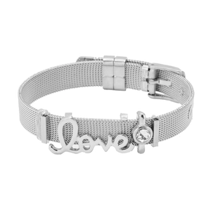 Silver stainless steel mesh bracelet featuring Love lettering and a sparkling zircon stone