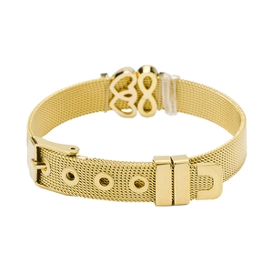Golden stainless steel mesh bracelet with heart and infinity symbol charm and buckle strap
