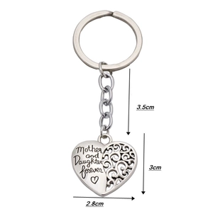 Macro view of silver heart keychain showing Mother and Daughter forever engraving detail