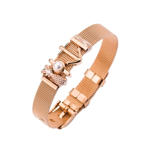 Roségoldenes Edelstahl-Mesh-Armband mit Anker, Perlenstab und Ananas-Anhängern