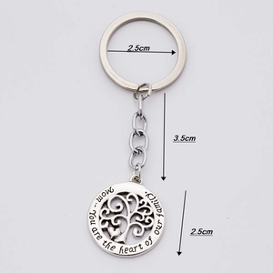 Detailed view of Tree of Life keychain with Mom's heartfelt engraved message and dimensions