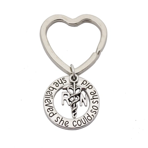 Silver heart keychain with RN medical caduceus and she believed she could quote