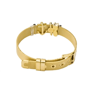 Goldenes Edelstahl-Mesh-Armband mit Anker- und Ananasanhängern auf weißem Hintergrund