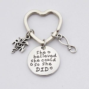 Detail view of heart keyring with 'She believed she could so she DID' engraving and RN charm