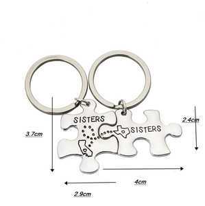 Custom stainless steel puzzle piece keychains with sisters engraving and US map design