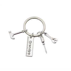 Grandpa silver tool keychain set with hammer wrench screwdriver and ruler pendant