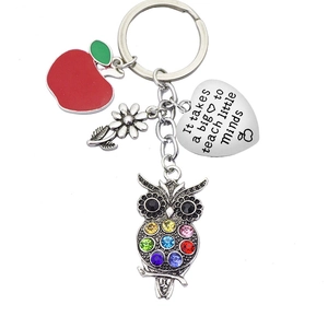 Retro Silver Owl Heart Apple Charm Keychain With Rhinestones It Takes A Big Heart To Teach Teacher Appreciation Gift Jewelry