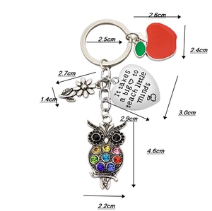 Colorful rhinestone owl keychain with engraved teacher heart and apple charm for gifts