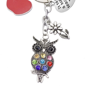 Silver owl keychain with colorful crystals and heart tag for teacher appreciation gift