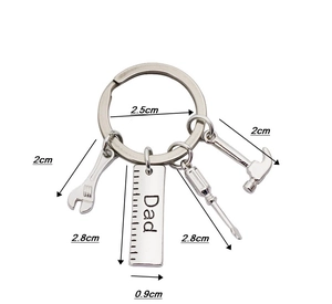 Detailed size view of silver tool keychain with Dad ruler and miniature wrench