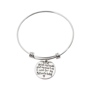 Adjustable silver stainless steel bangle with engraved prayer pendant for nurses and medical staff