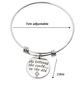 Adjustable silver bracelet with 2.6cm engraved pendant showing she believed she could quote