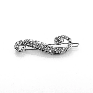 Elegant silver hair clip with swirling metal design and clear sparkling rhinestones