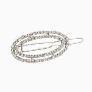 Barrette à cheveux ovale argentée géométrique avec doubles couches de strass brillants