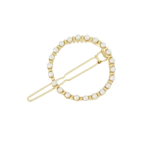 Minimalist golden geometric round hair clip with white pearls and elegant metallic finish