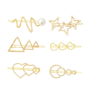 Set di 6 fermagli per capelli dorati con perle bianche in forme geometriche a cuore e stella