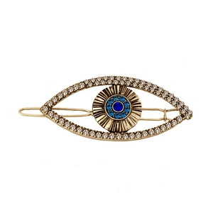Retro Evil Eye hair clip with blue rhinestones and gold alloy frame for women