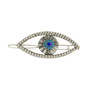 Vintage Turkish evil eye hair clip with sparkling rhinestones on a silver alloy base