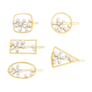 5er-Set elegante geometrische Haarklammern aus Goldlegierung mit weißen Kunstperlenblumen