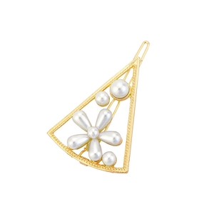 Golden alloy geometric triangle hair clip with white faux pearl flowers for women