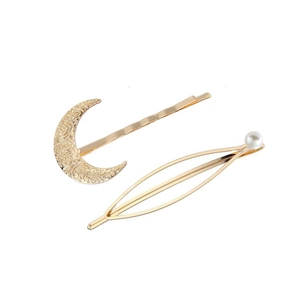 Minimalistisches Haarspangen-Set aus Goldlegierung mit Halbmond und weißer Perle